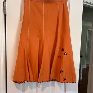 Orange Pleated A-Line Skirt Knee-Length Casual